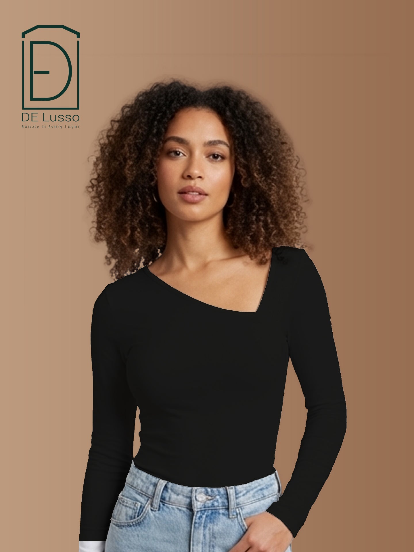 ASYMMETRICAL V NECK LONG SLEEVE BLACK
